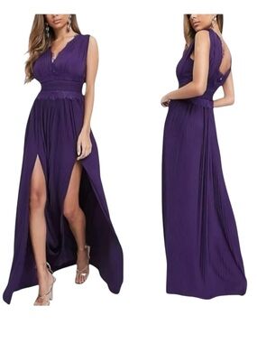 Dark Purple Pleated Formal Maxi Dress V Neck Lace Prom Wedding Guest Slit Size 4